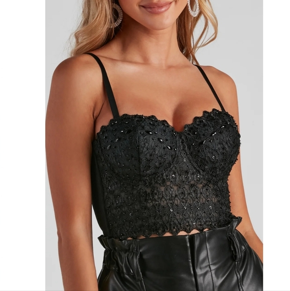 Windsor Black REIGNING LACE BUSTIER Sweetheart Neckline Top S - Picture 1 of 15